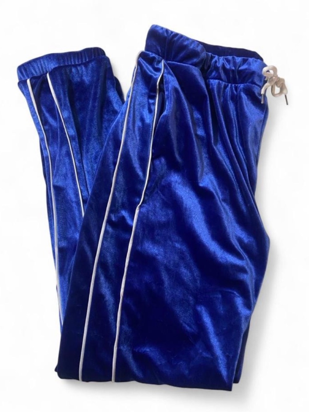Royal Blue Velvet Track Pants Drawstring Joggers w Pockets White Piping Size L